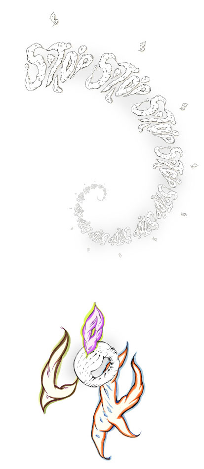 illustrated text showing the word stop in multiple and what looks to be the word look [pictures of sounds]