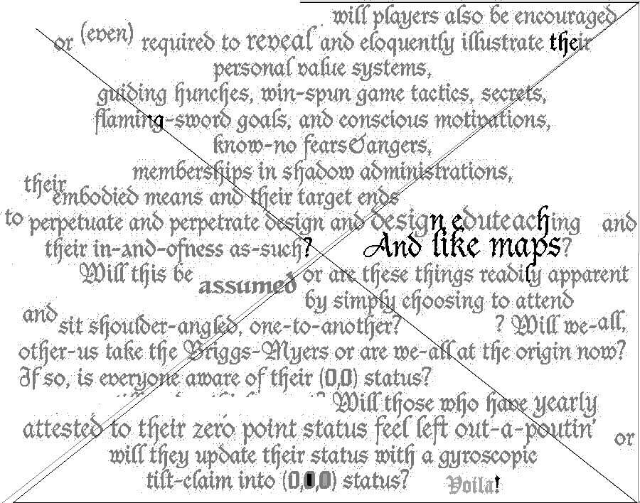 will players also be encouraged or (even) required to reveal adn eloquently illustrate their personal value systems, guiding hunches, win-spun game tactics, secrets, flaming-sword goals, and conscious motivations, etc
